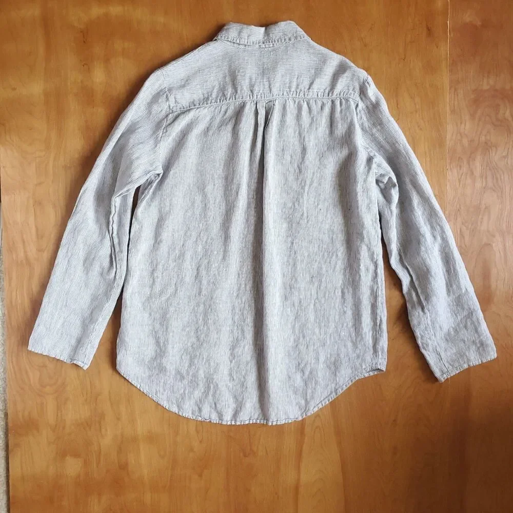 Ellen Tracy 100% Linen Popover Top Womens M Adjustable Sleeve Thin Striped
